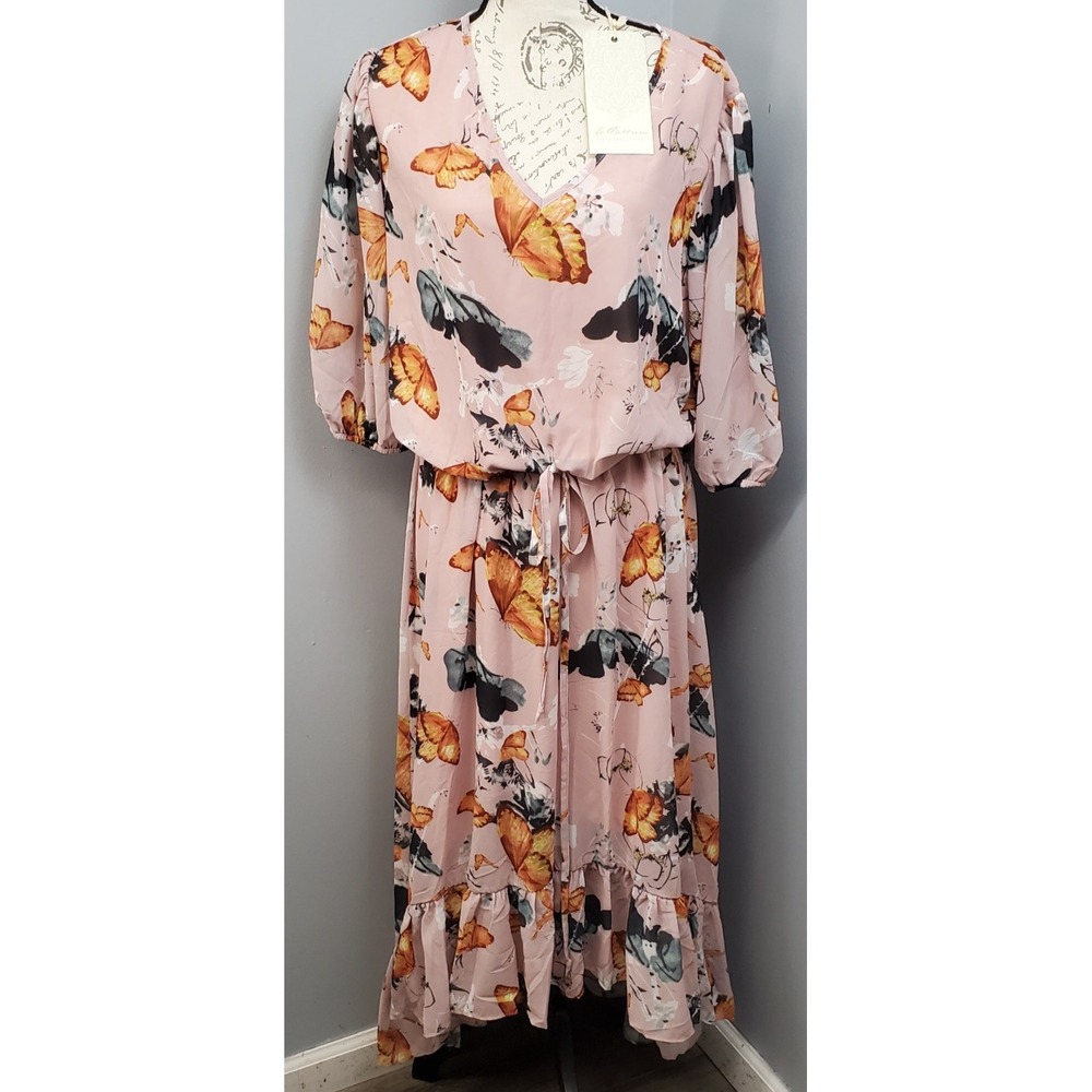 La Bellum Hillary Scott Maxi Dress Womens Large Multi Butterfly Print Tie Waist